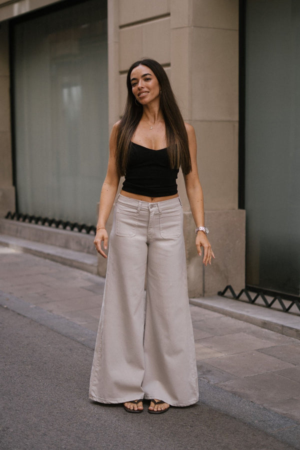 SUPER WIDE LEG MID RISE - STONE